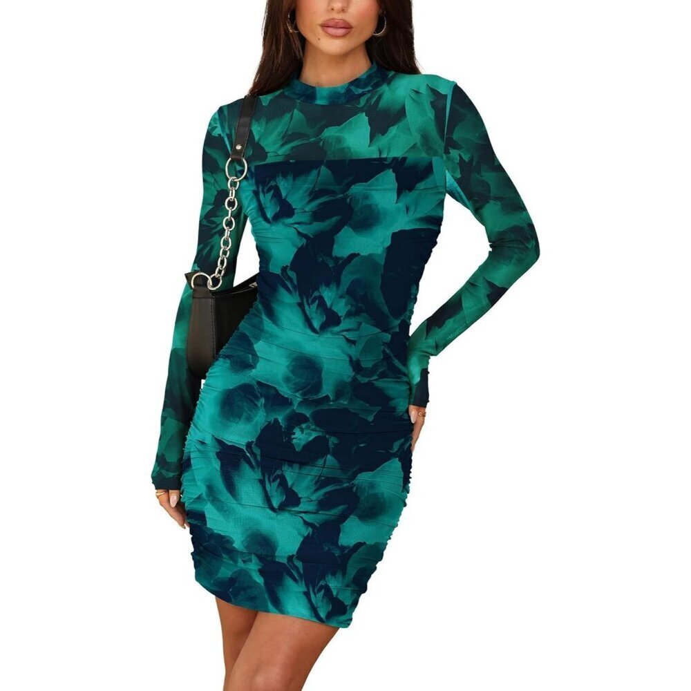 Women's Lake Blue Print Long Sleeve Ruched Bodycon Neck Mini Party Dresse - Picture 2 of 5